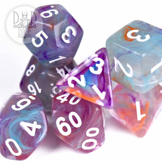 Mycelium Network resin dice set with swirling patterns and white numbers designed for tabletop or DND games.