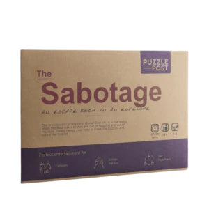 Brown box labeled The Sabotage Escape Room in An Envelope by Puzzle Post, with icons and illustrations.
