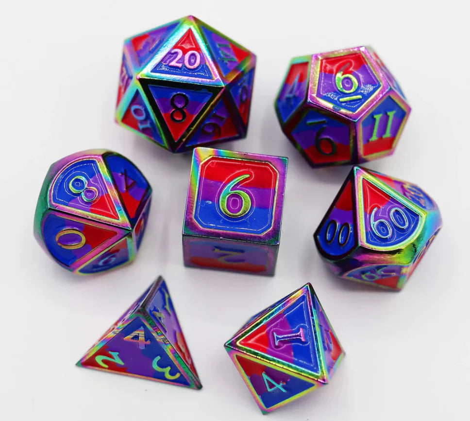 Metal Pride Dice Set Bisexual Flag variant with 7 colorful tabletop gaming dice displayed on a white background.