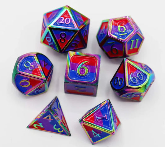 Metal Pride Dice Set Bisexual Flag variant with 7 colorful tabletop gaming dice displayed on a white background.