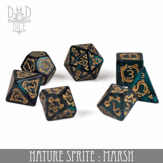 Nature Sprite: Marsh DnD dice set with seven black and green acrylic dice featuring gold numbers.