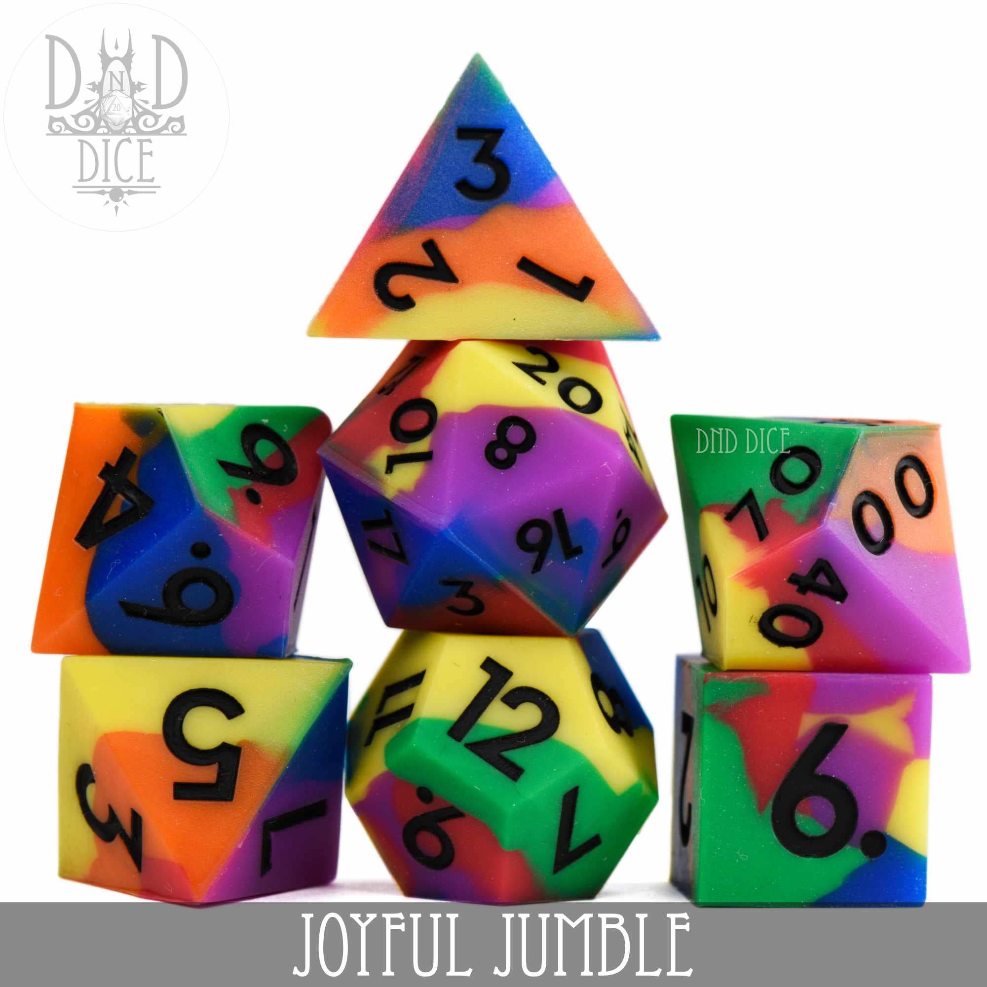 Joyful Jumble (Silicone) 7-piece dice set from DnD Dice displayed stacked in a colorful pyramid.
