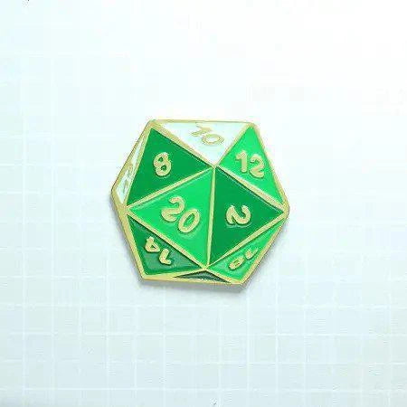 Emerald green D20 dice enamel pin with gold numbers.