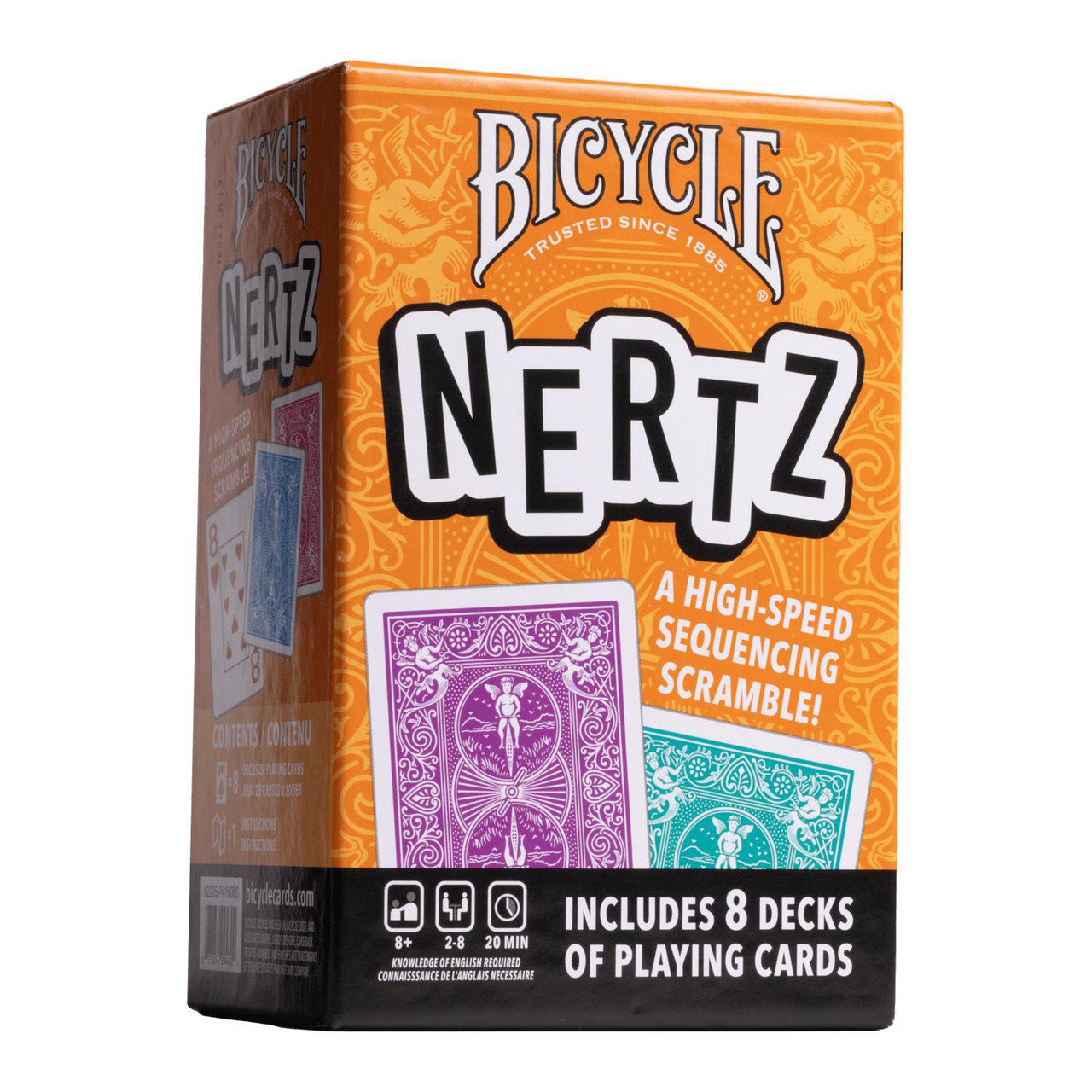 Nertz card game box with 8 decks, orange background.