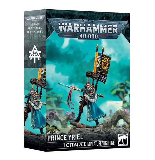 Warhammer 40,000 Aeldari Prince Yriel miniature with banner and sword.