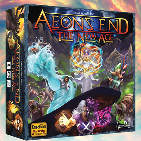 Aeons End: The New Age game box featuring fantasy heroes casting spells.