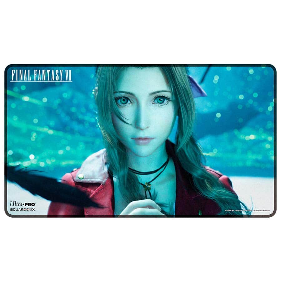 ULTRA PRO: FINAL FANTASY VII AERITH PLAYMAT featuring Aerith, a pendant, and a blue background.