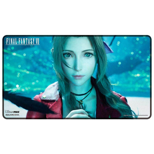 ULTRA PRO: FINAL FANTASY VII AERITH PLAYMAT featuring Aerith, a pendant, and a blue background.