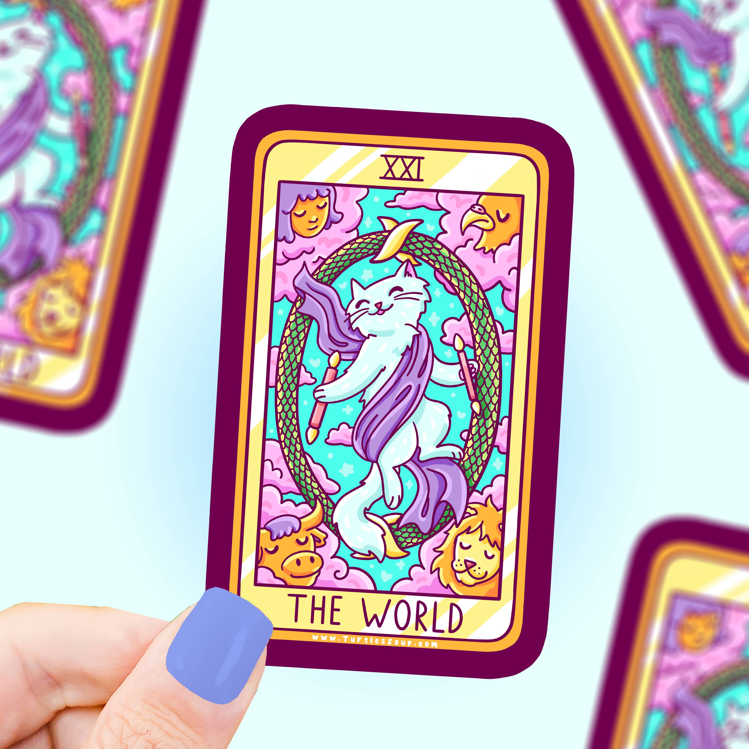 The World Cat Major Arcana Tarot Card vinyl sticker with a white cat in a purple robe held in a hand.