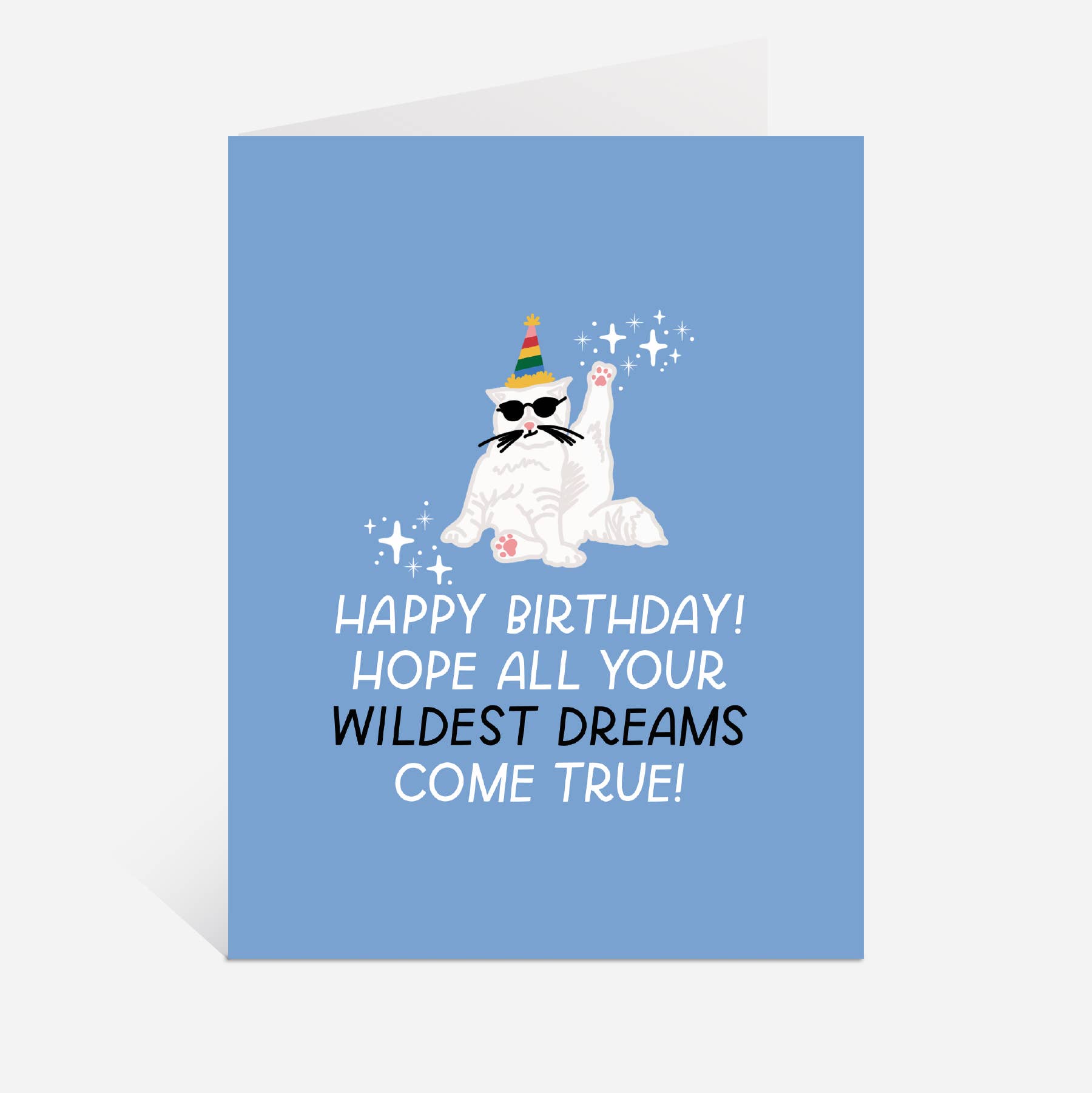 Wildest Dreams birthday card featuring a blue cat in sunglasses and a party hat with the text: Happy Birthday.