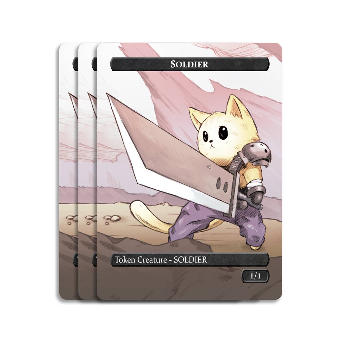 SOLDIER & Treasure Token Set cards with armored cat and giant sword artwork.