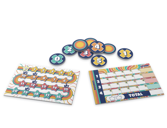 Fifty family party game with numbered tokens and scoreboards for tracking rounds and total scores.