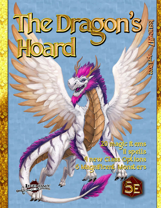 The Dragons Hoard Issue 17 book cover featuring a white and gold dragon with wings.