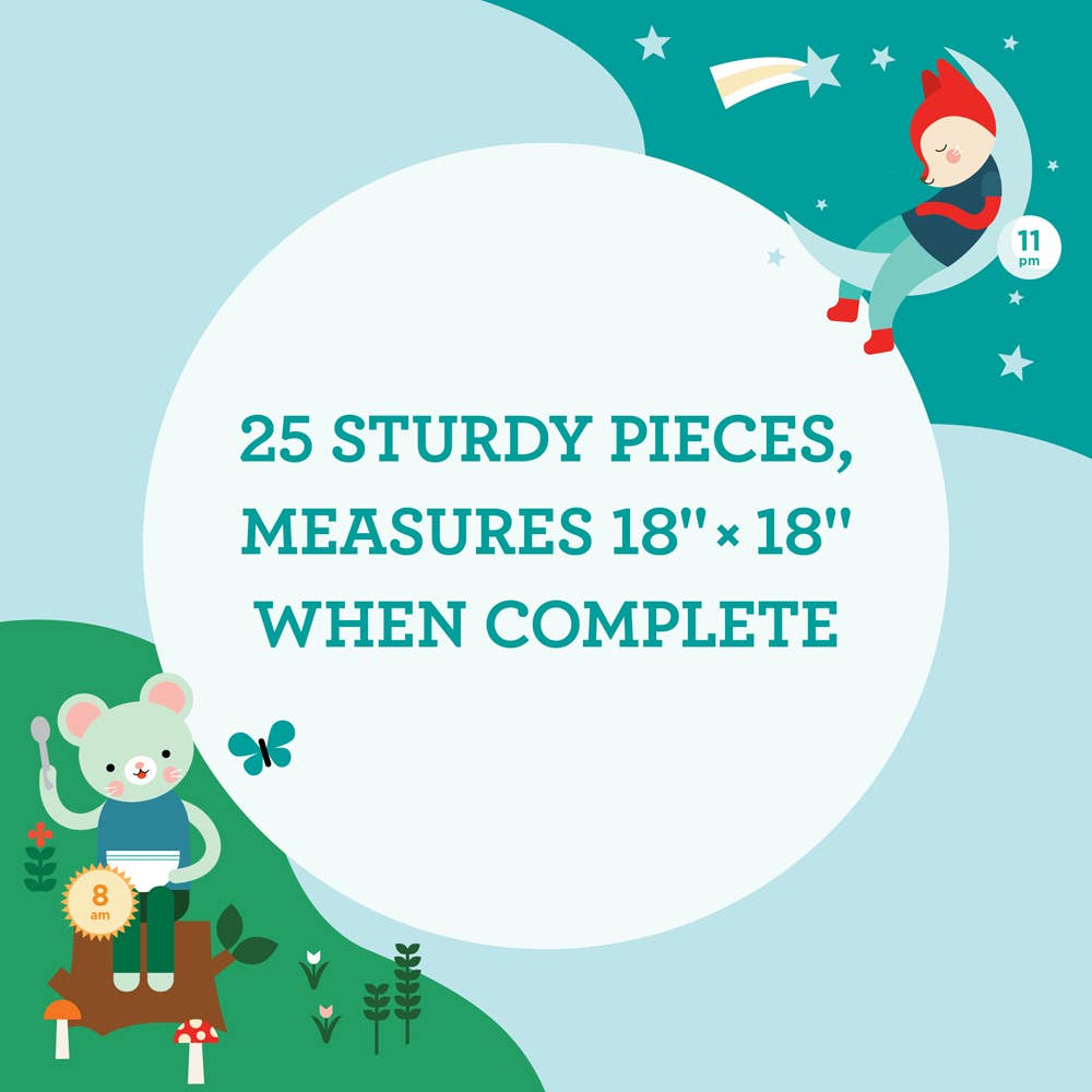 Telling the Time Floor Puzzle for kids, 25 pieces, features a mouse with a ribbon and a fox jumping by the moon.