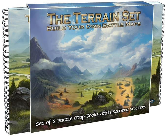Two spiral-bound books titled The Terrain Set with customizable terrain map covers for battle map creation.