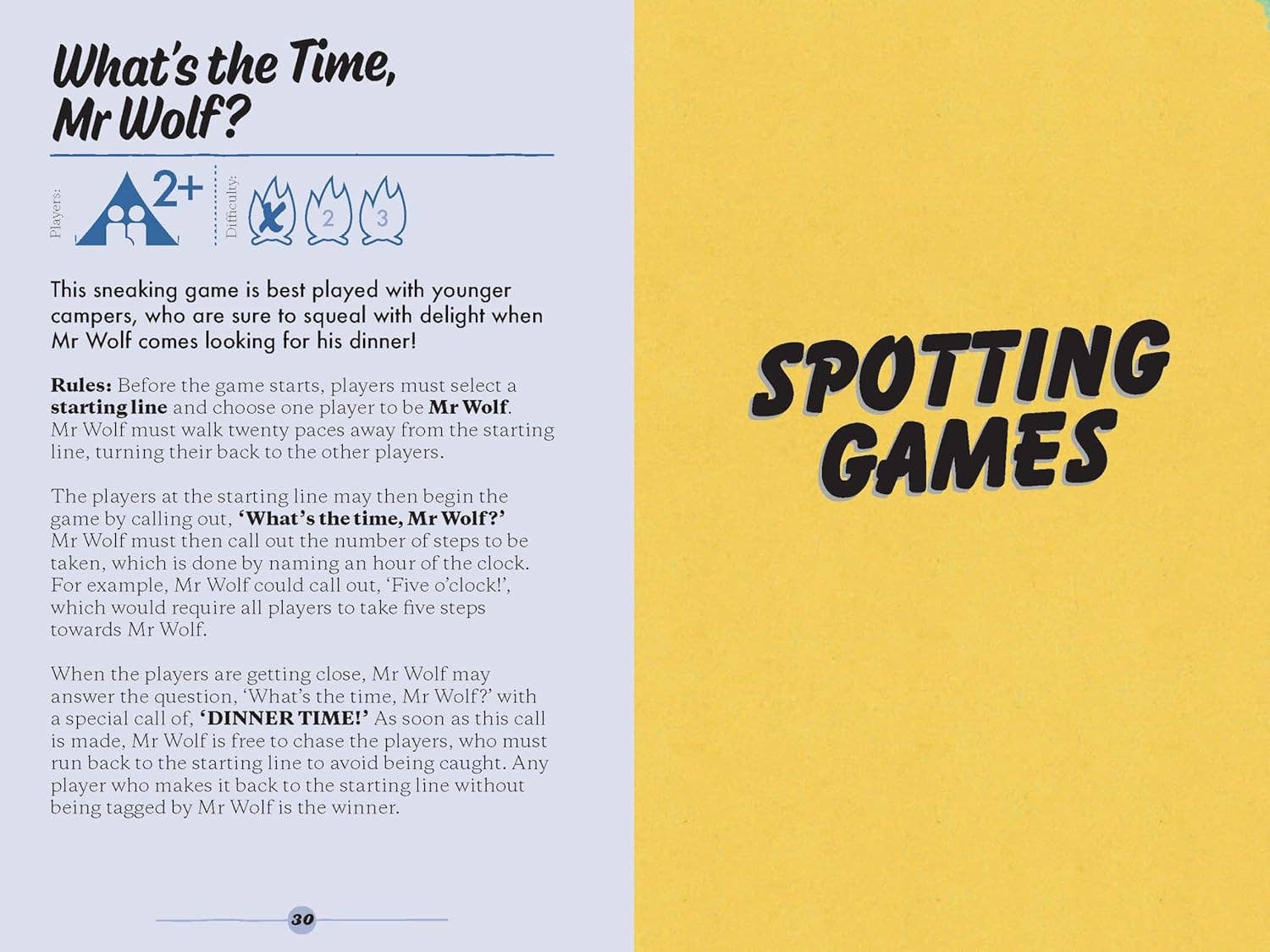 Family Camping Games set featuring What’s the Time, Mr Wolf? game for families.