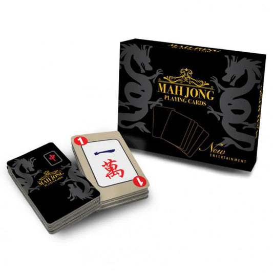 MahJong Playing Cards box with two cards displayed, featuring black backs and red Chinese character designs.