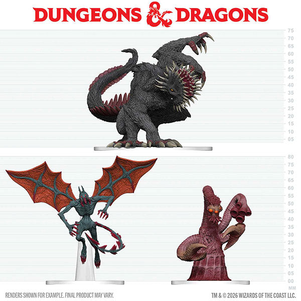 Three D&D Icons of the Realms: Maddening Monsters of Ravenloft miniatures with a height scale.