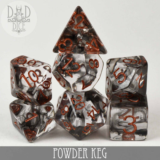 Powder Keg 7-piece resin dice set; smoky black and clear dice with bold red numbers.