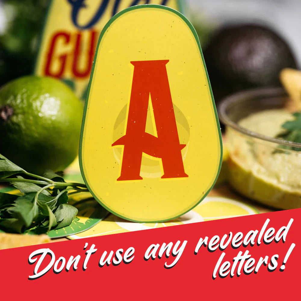 Olé Guacamole word game featuring a red letter A on an avocado slice.