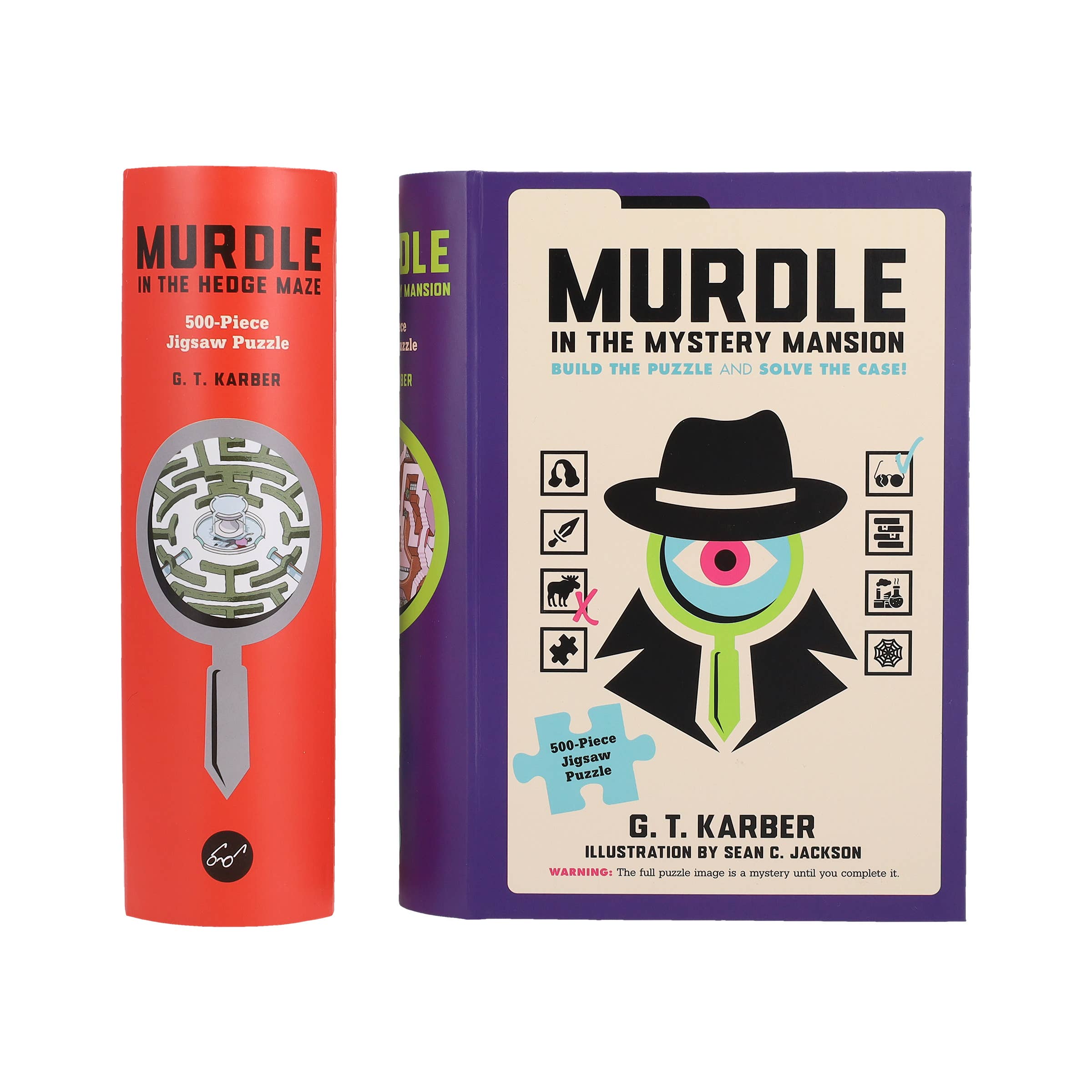 Two Murdle in the Mystery Mansion 500-piece puzzles: one red tube, one purple box, both with mystery themes.