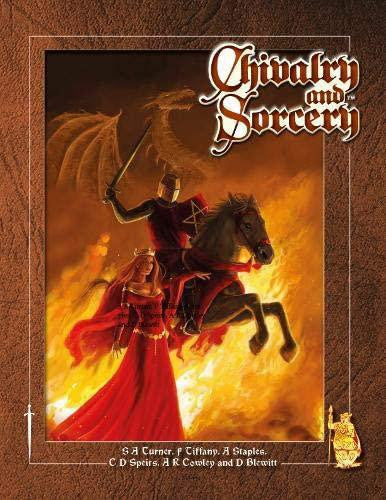 Chivalry & Sorcery 5th Edition game cover with a knight, woman, and dragon amid flames.