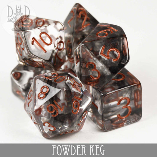 Powder Keg set of 6 clear smoky resin dice with copper numbers from DnD Dice.