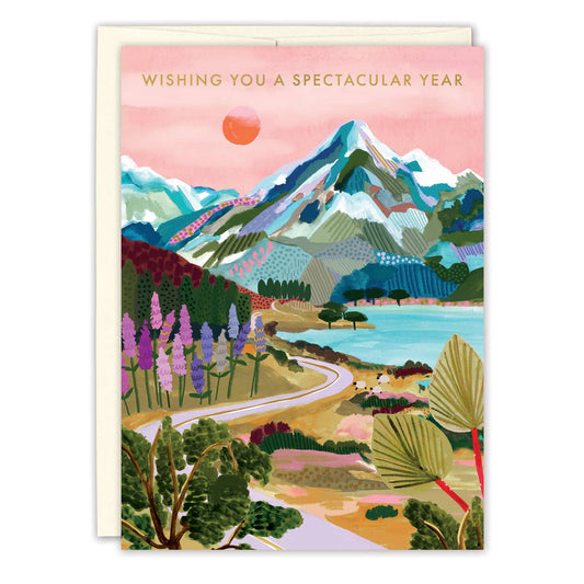 Spectacular Year Birthday Card on recycled paper with colorful mountains, lake, flowers, and front greeting.