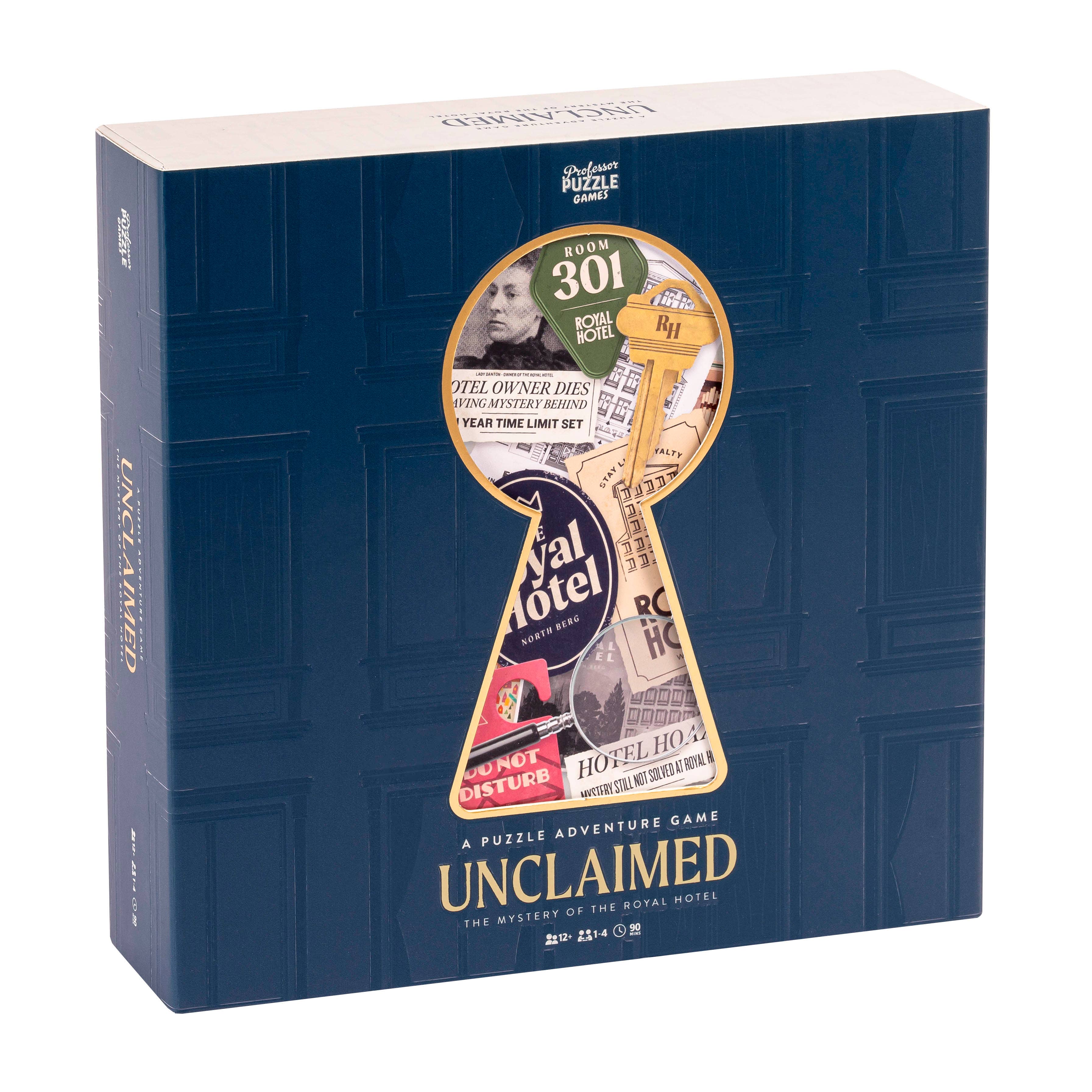 Unclaimed puzzle game box featuring a keyhole cutout, treasure hunt clues, a hotel key, and vintage photos.