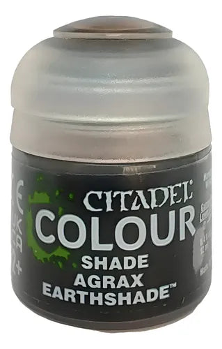 12ml pot of Citadel Shade: Agrax Earthshade paint with black and green label.