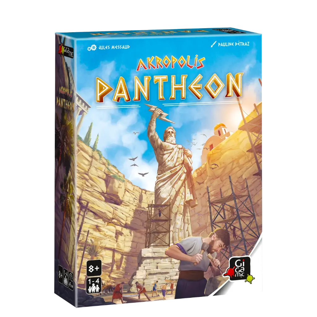 Akropolis Pantheon cooperative board game box featuring an ancient statue and people constructing a city.