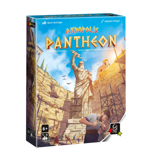 Akropolis Pantheon cooperative board game box featuring an ancient statue and people constructing a city.