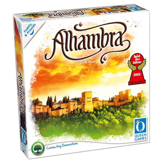 Alhambra: Family and Friends board game box with Queen Games logo and white-orange design.