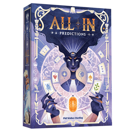 All In - Predictions poker-style card game box featuring a multi-eyed mystic holding cards.