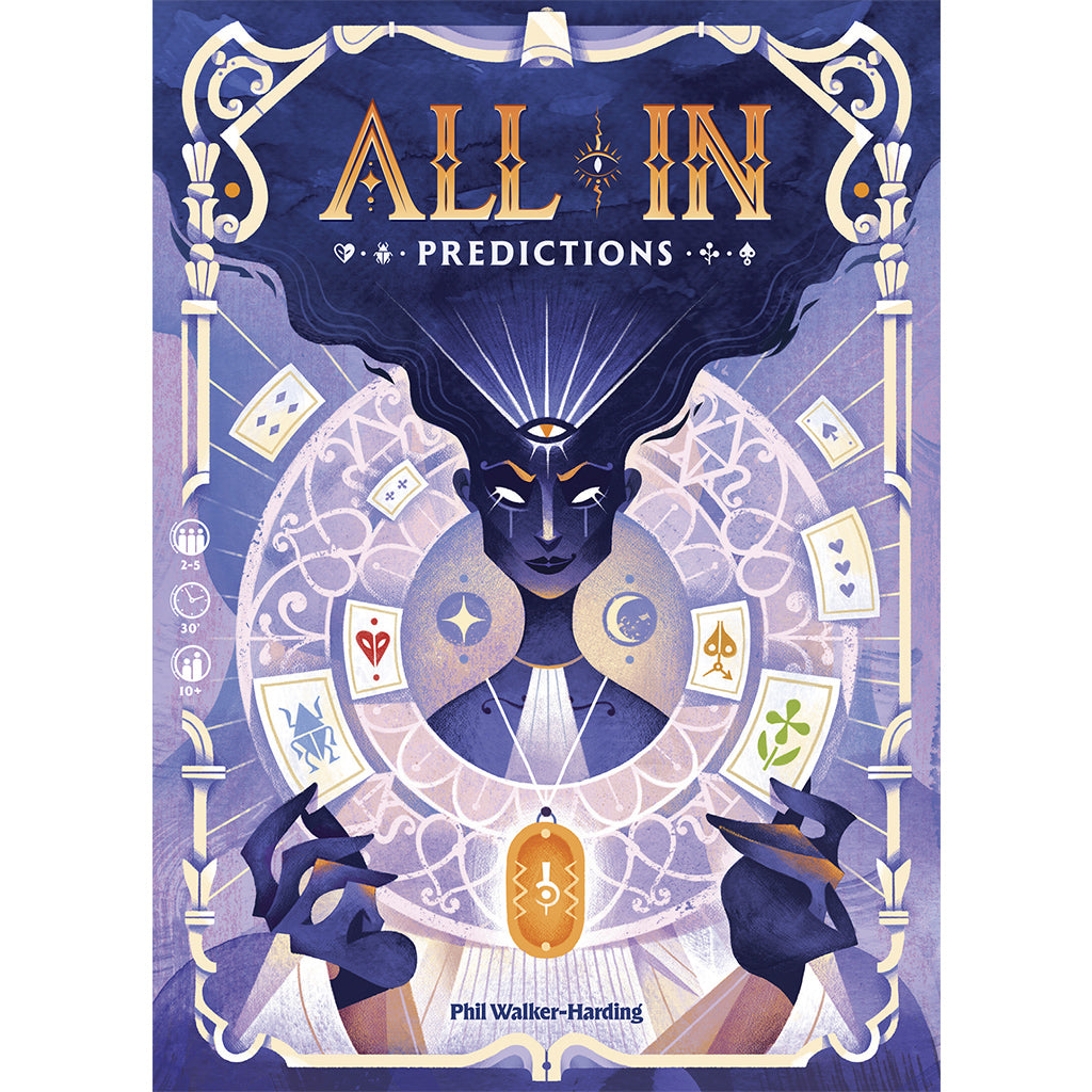 All In - Predictions card game cover with a mystical figure holding playing cards, poker-themed.