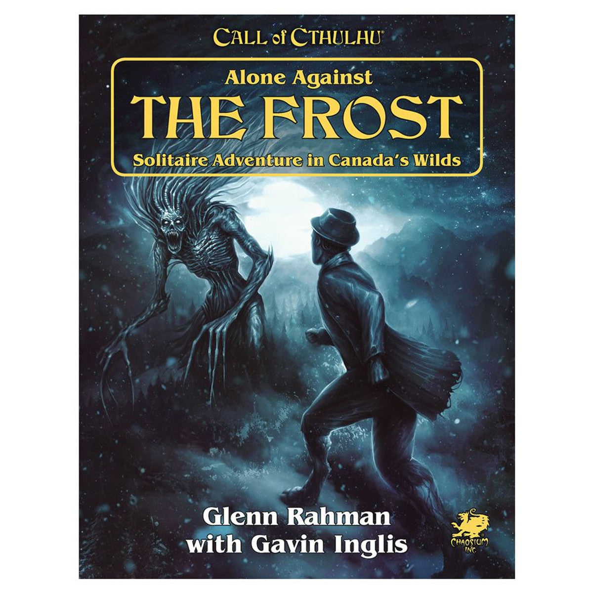 Call of Cthulhu 7E: Alone Against the Frost game cover featuring a snowy forest setting with monstrous figures.