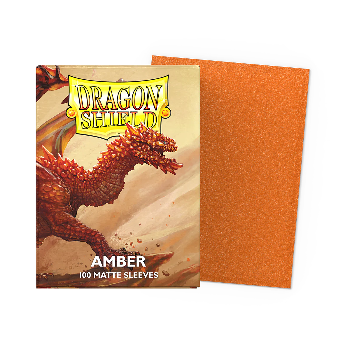 Dragon Shield Standard Sleeves, Amber Matte, 100 count box; orange card sleeves with matte finish and red dragon print.