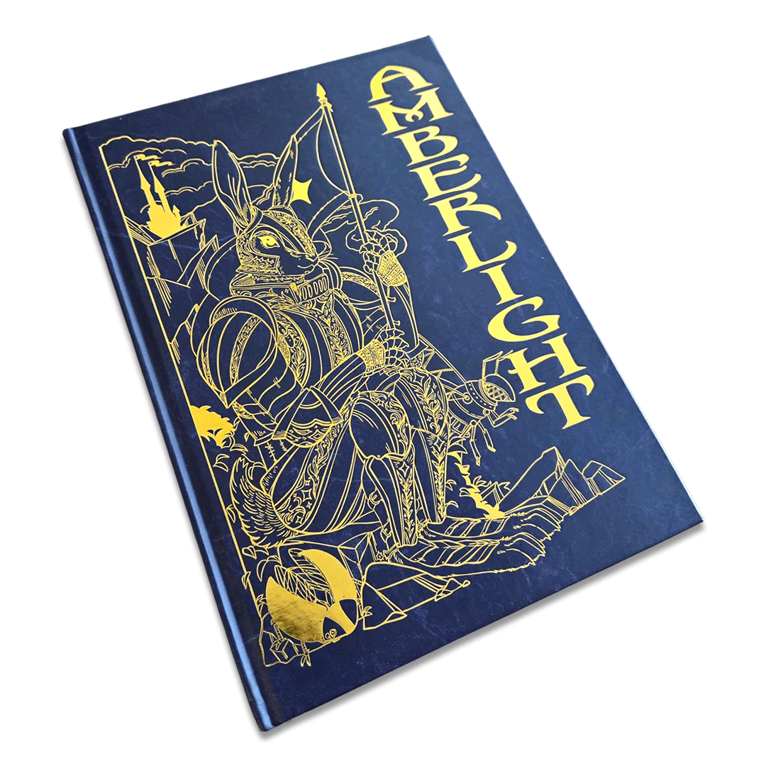 Amberlight D&D 5E Sourcebook with blue cover and gold illustration of an armored rabbit holding a spear.