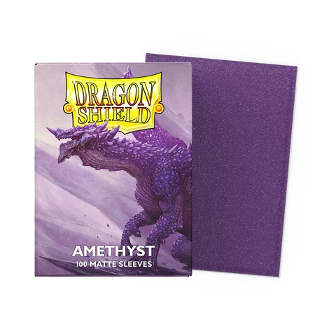 Dragon Shield Standard Sleeves, 100 count box, Amethyst Matte variant with one sleeve displayed.