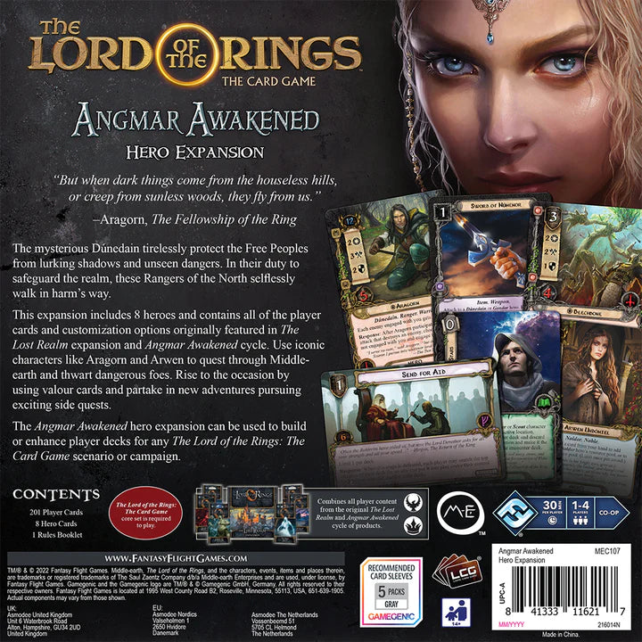 Back of the Lord of the Rings: The Card Game Angmar Awakened Hero Expansion box featuring Rangers of the North.