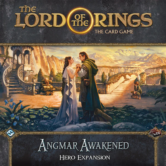 Lord of the Rings: Angmar Awakened Hero Expansion box featuring a man and woman standing in a garden.