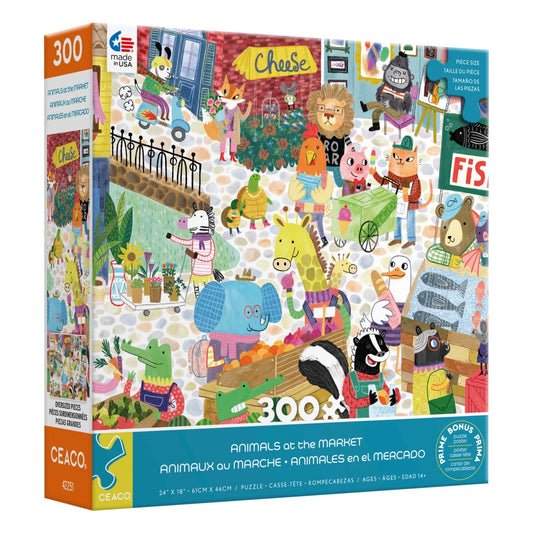 Animals at the Market 300 Piece Puzzle with animals shopping at an outdoor market.