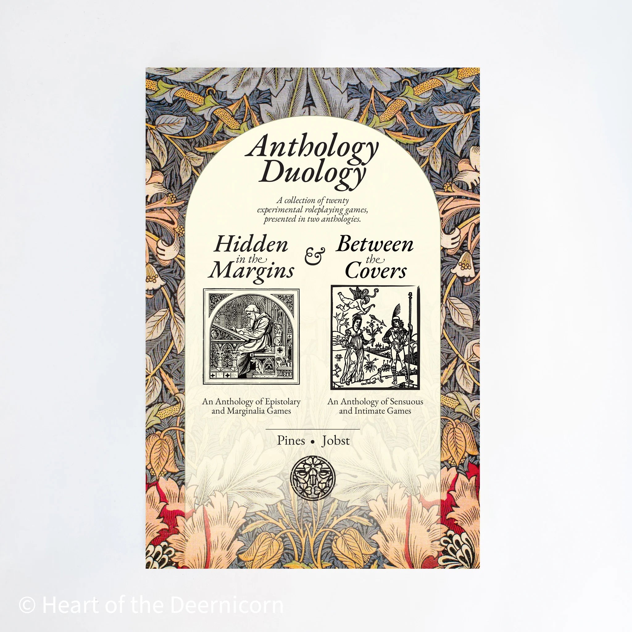 Anthology Duology book cover featuring floral borders, vintage art, and letter-writing game elements.