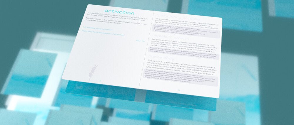 Book page from Mirror with text on dance exercises and a group session zine for communal reflection.