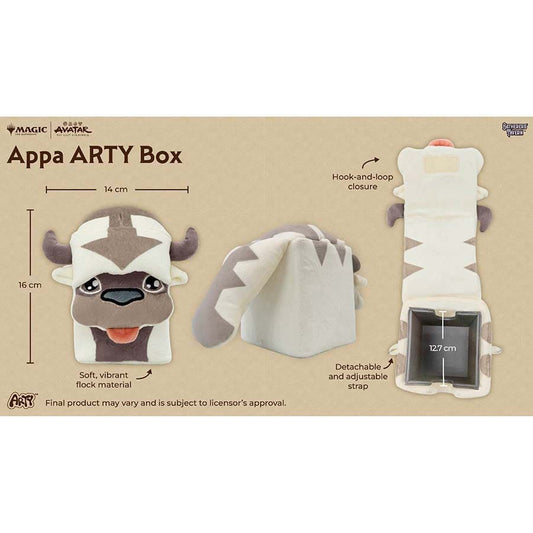 Appa ARTY Deck Box with plush face, detachable strap, hook-and-loop closure; shown in three Magic × Avatar variants.