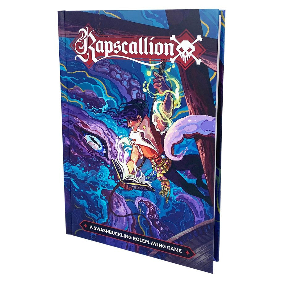 Rapscallion Corebook cover with a pirate fighting a sea monster; subtitle: A Swashbuckling Roleplaying Game.