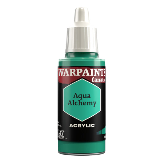 Warpaints Fanatic Aqua Alchemy 18ml paint bottle with teal cap and hexagon design for miniatures.