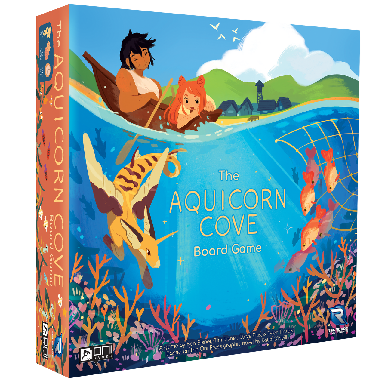 Aquicorn Cove board game with boat and sea creature pieces, themed around reef restoration.