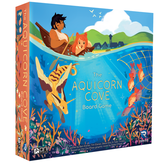 Aquicorn Cove board game with boat and sea creature pieces, themed around reef restoration.
