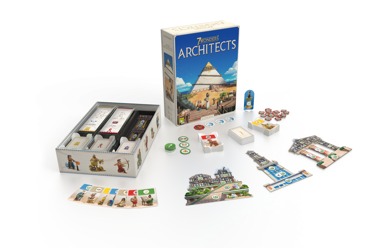 7 Wonders Architects game with box, cards, tokens, and wonder boards on a white surface.